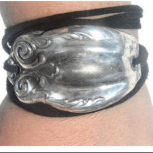 Antique Silver Yoga Cuff Bracelet Tie Wrap Cord Boho Handmade Victorian Floral